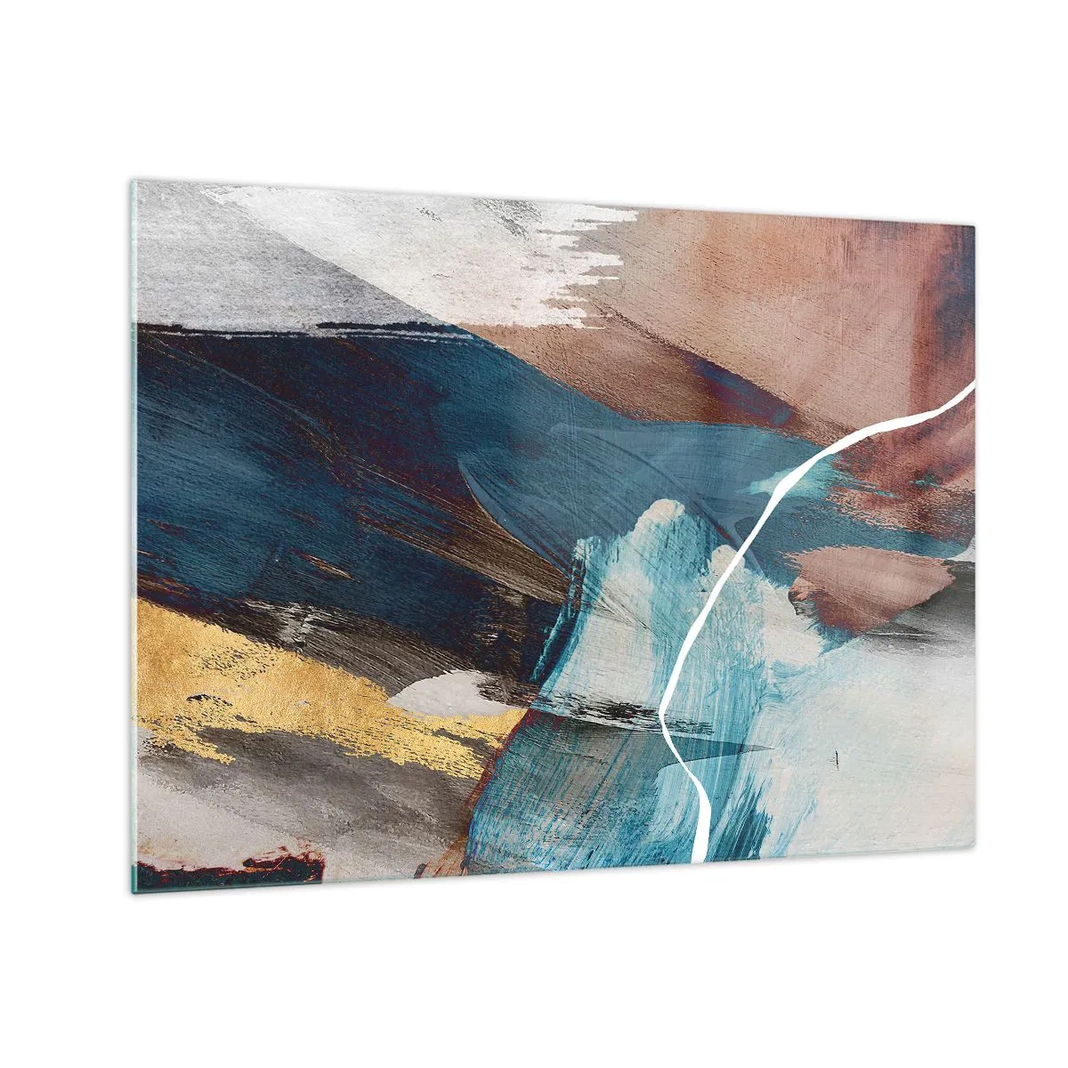 Impression sur verre - Image sur verre - Une composition abstraite en turquoise, or et marron. - 70x50cm - Avec panache et énergie - Décoration murale moderne pour le salon et la chambre ARTTOR