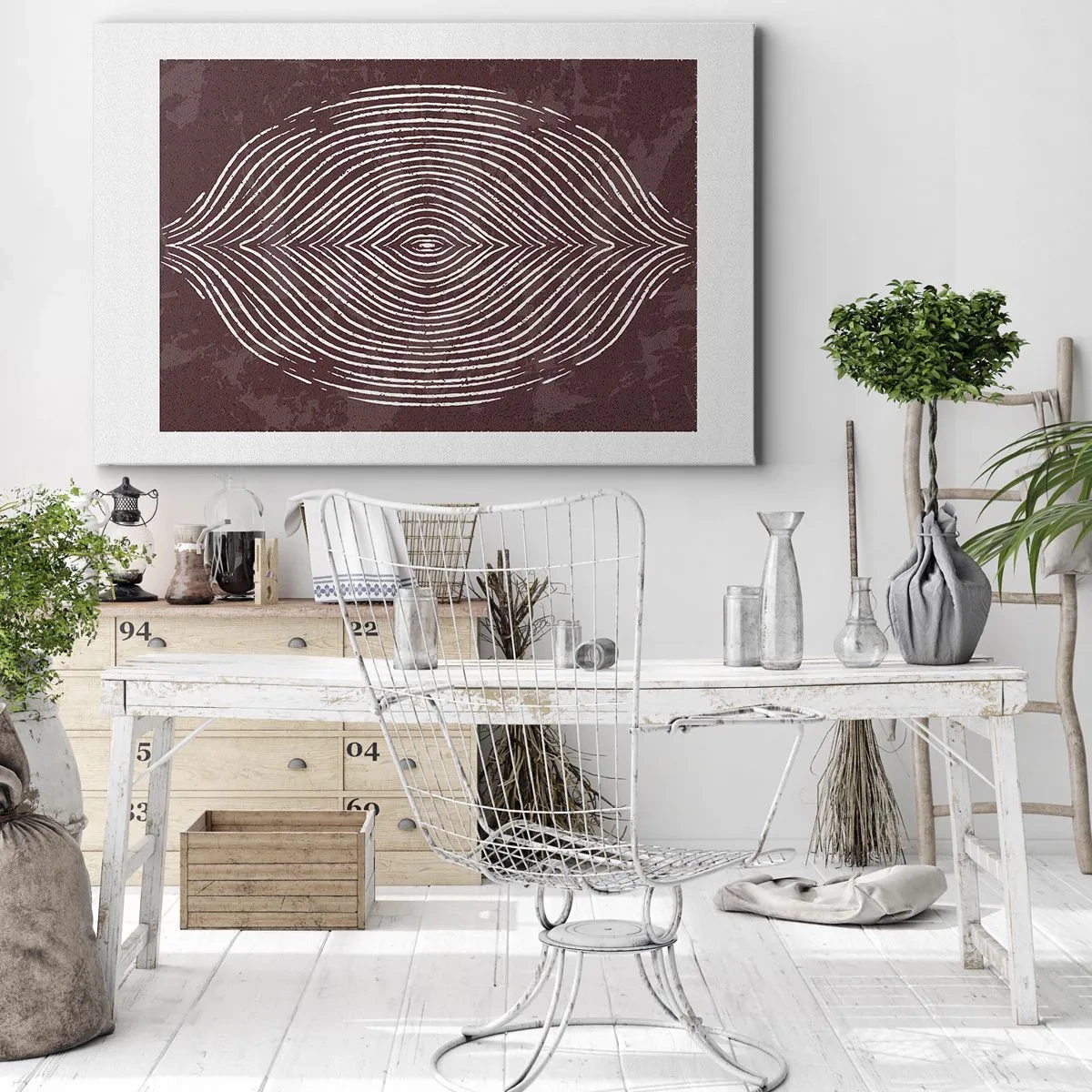 Impression sur toile - Image sur toile - Ondes symétriques en lignes blanches sur fond marron - 70x50cm - L'espace parle - Décoration murale moderne pour le salon et la chambre ARTTOR
