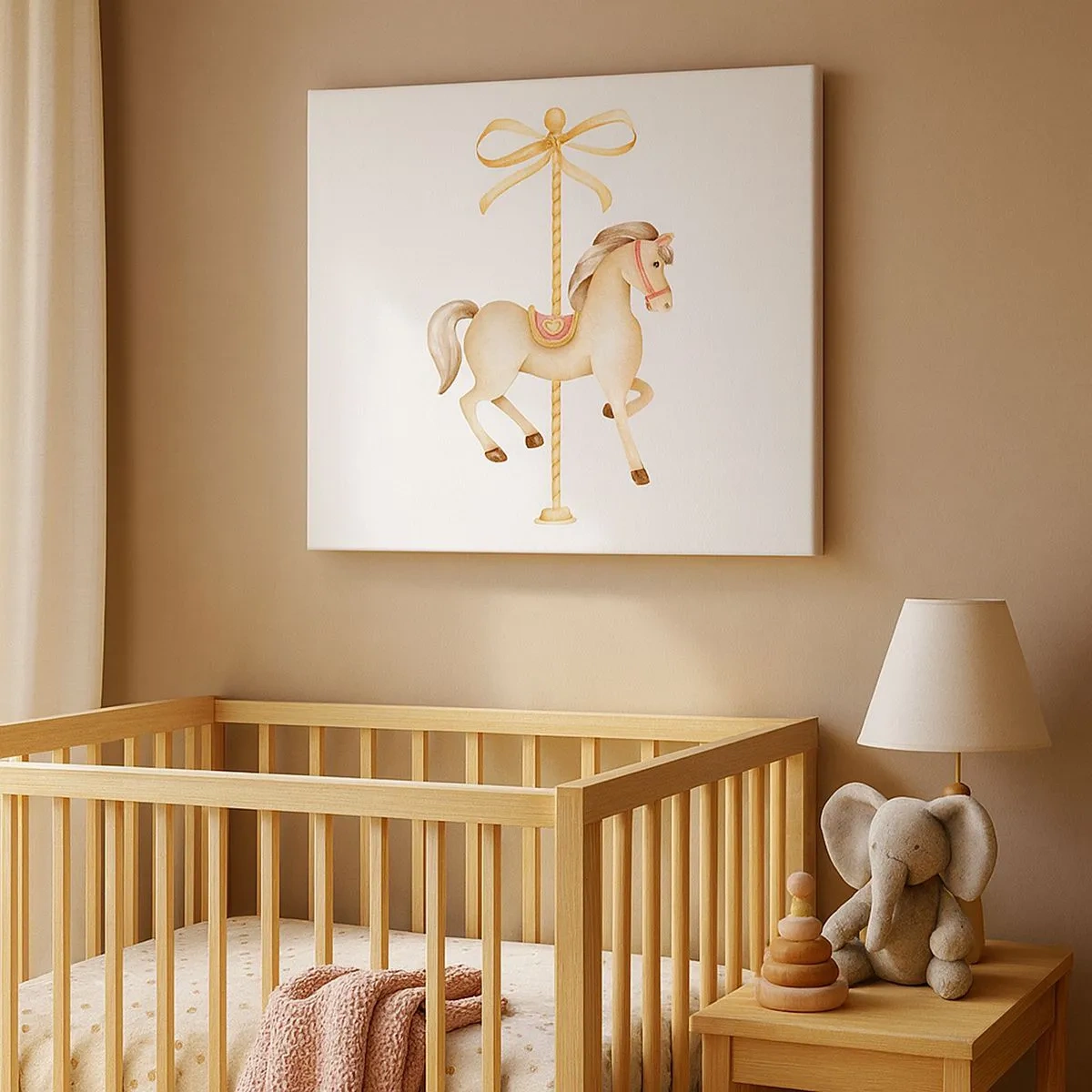Impression sur toile - Image sur toile - Un cheval de carrousel avec un arc dans des pastels délicats - 70x50cm - Un trot gracieux - Décoration murale moderne pour le salon et la chambre ARTTOR