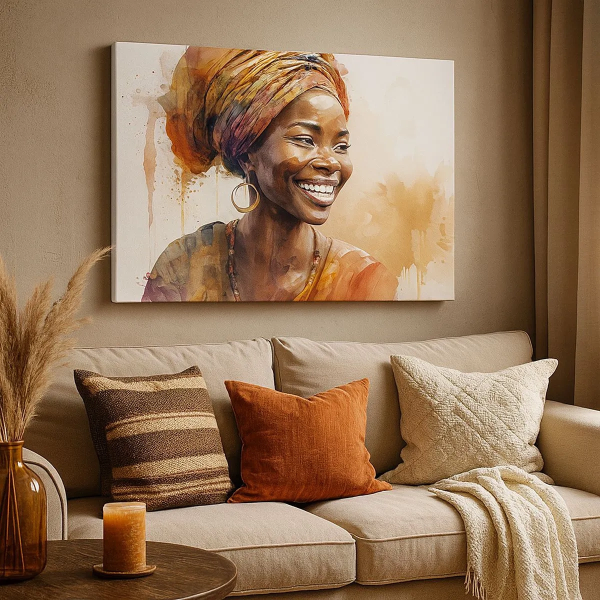 Impression sur toile - Image sur toile - Portrait d'une femme souriante dans un foulard coloré à l'aquarelle - 70x50cm - reine africaine - Décoration murale moderne pour le salon et la chambre ARTTOR