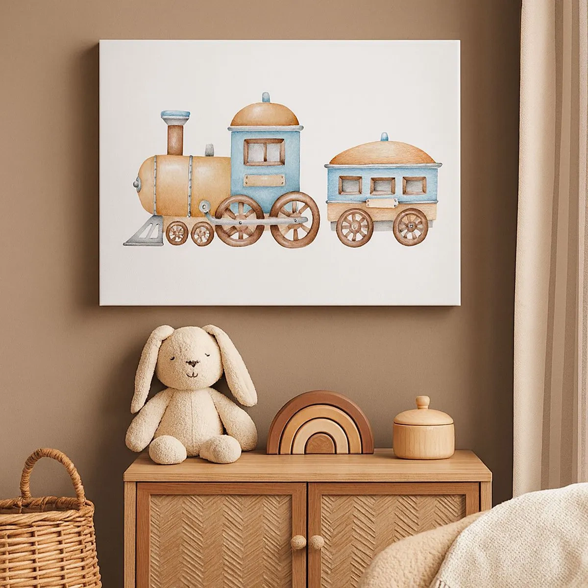 Impression sur toile - Image sur toile - Dessin d'un train aux tons pastel sur fond blanc - 70x50cm - Il est à la gare... - Décoration murale moderne pour le salon et la chambre ARTTOR