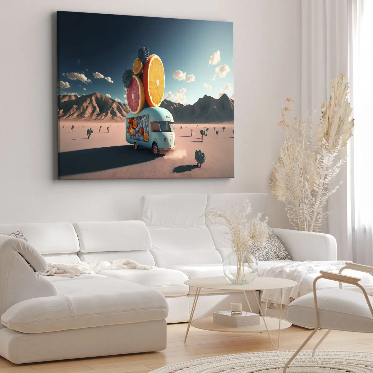Impression sur toile - Image sur toile - Camion de fruits dans un paysage désertique - 70x50cm - Le goût des vacances - Décoration murale moderne pour le salon et la chambre ARTTOR