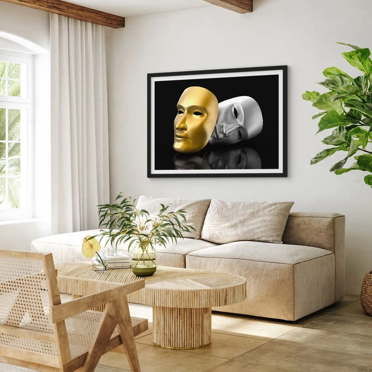 Affiche dans un cadre noir - Poster - Masque d'or et d'argent sur fond noir - 70x50cm - La vie est un théâtre - Décoration murale moderne pour le salon et la chambre ARTTOR