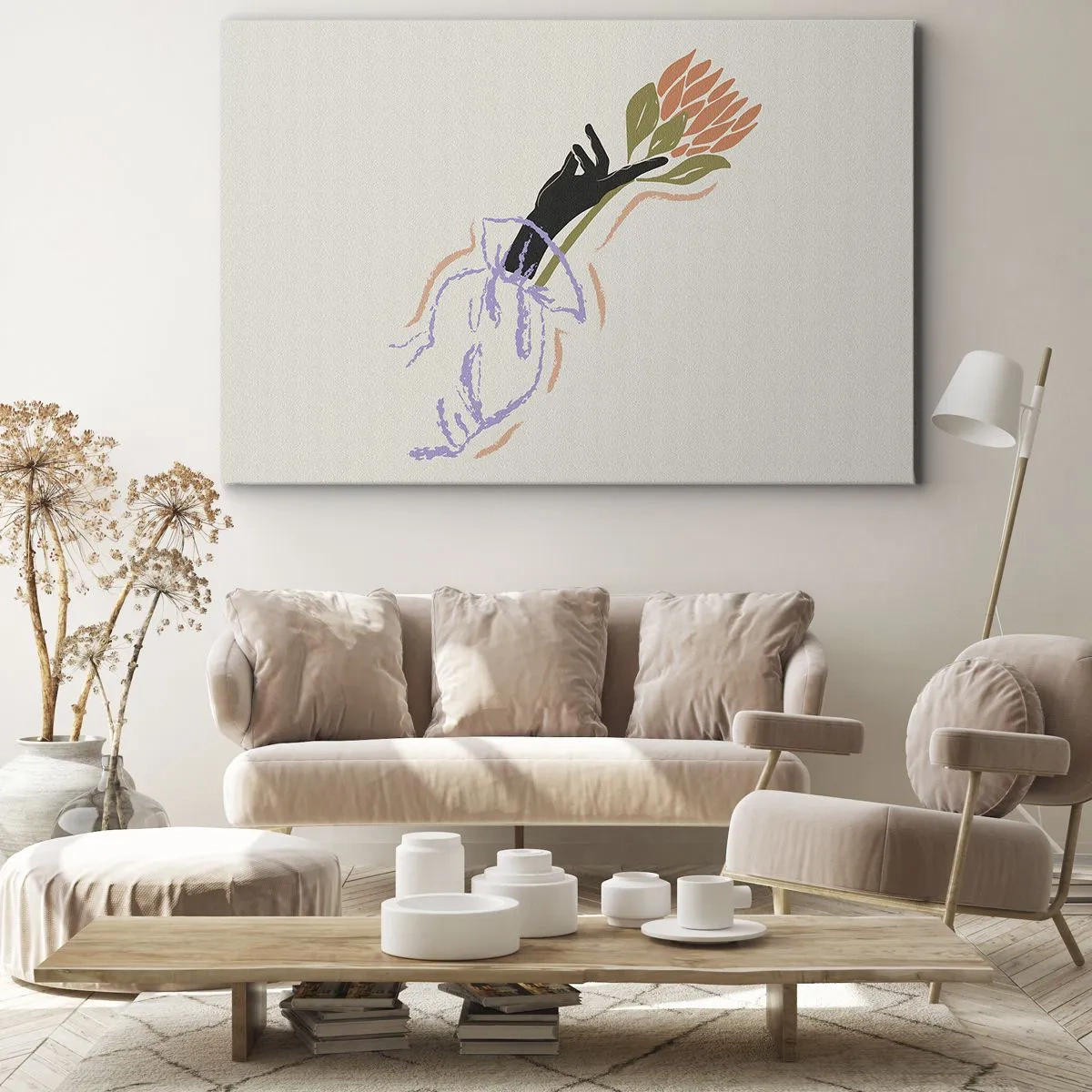 Impression sur toile - Image sur toile - Un bouquet de fleurs minimaliste au style délicat - 70x50cm - Touche fraternelle - Décoration murale moderne pour le salon et la chambre ARTTOR