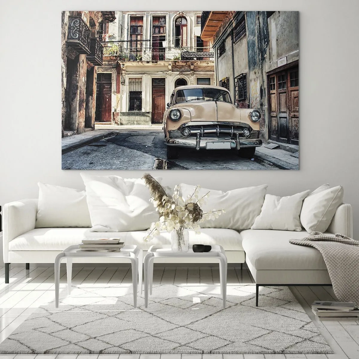 Impression sur verre - Image sur verre - Voiture rétro dans la rue de la vieille ville - 70x50cm - Sieste à La Havane - Décoration murale moderne pour le salon et la chambre ARTTOR
