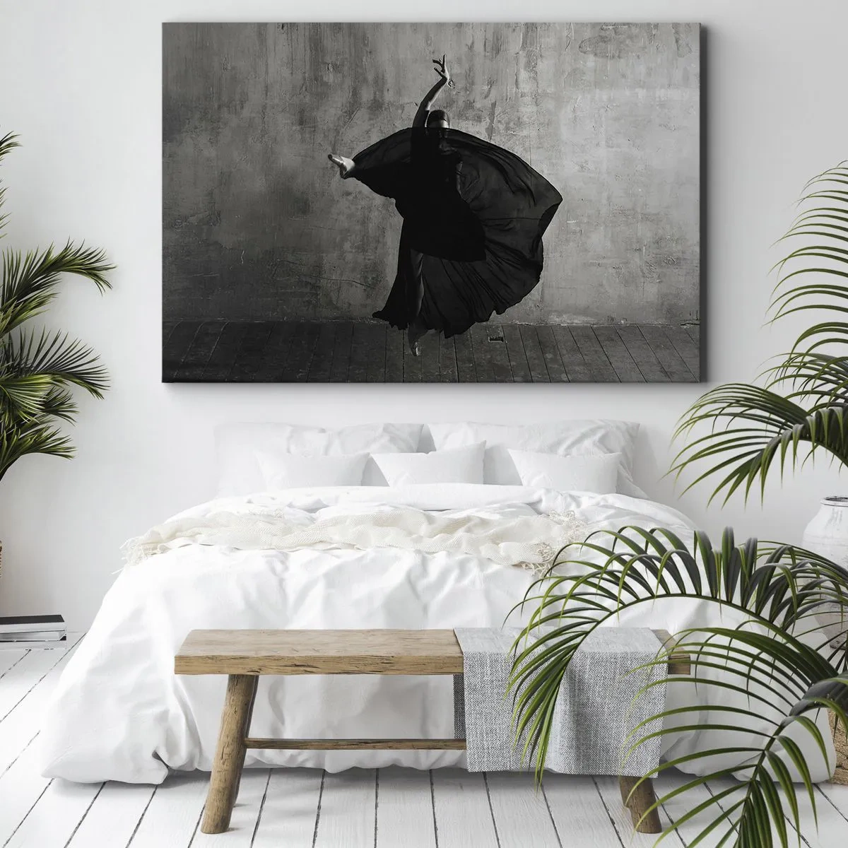 Impression sur toile - Image sur toile - Silhouette noire et blanche d'une danseuse en mouvement sur fond de mur - 70x50cm - Pas plein de passion - Décoration murale moderne pour le salon et la chambre ARTTOR