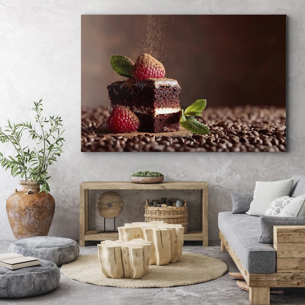 Impression sur toile - Image sur toile - Gâteau au chocolat aux framboises et à la menthe sur fond de fèves de cacao - 70x50cm - La vie est douce - Décoration murale moderne pour le salon et la chambre ARTTOR
