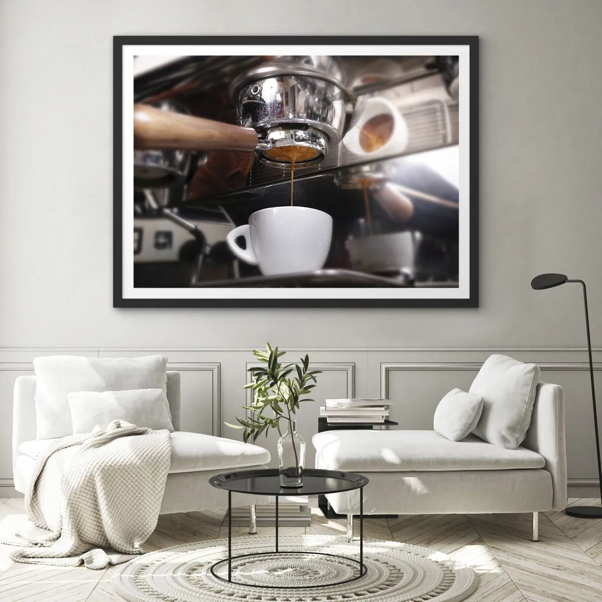 Affiche dans un cadre noir - Poster - Gros plan d'une machine à café préparant un expresso frais - 70x50cm - Bon moment de la journée - Décoration murale moderne pour le salon et la chambre ARTTOR