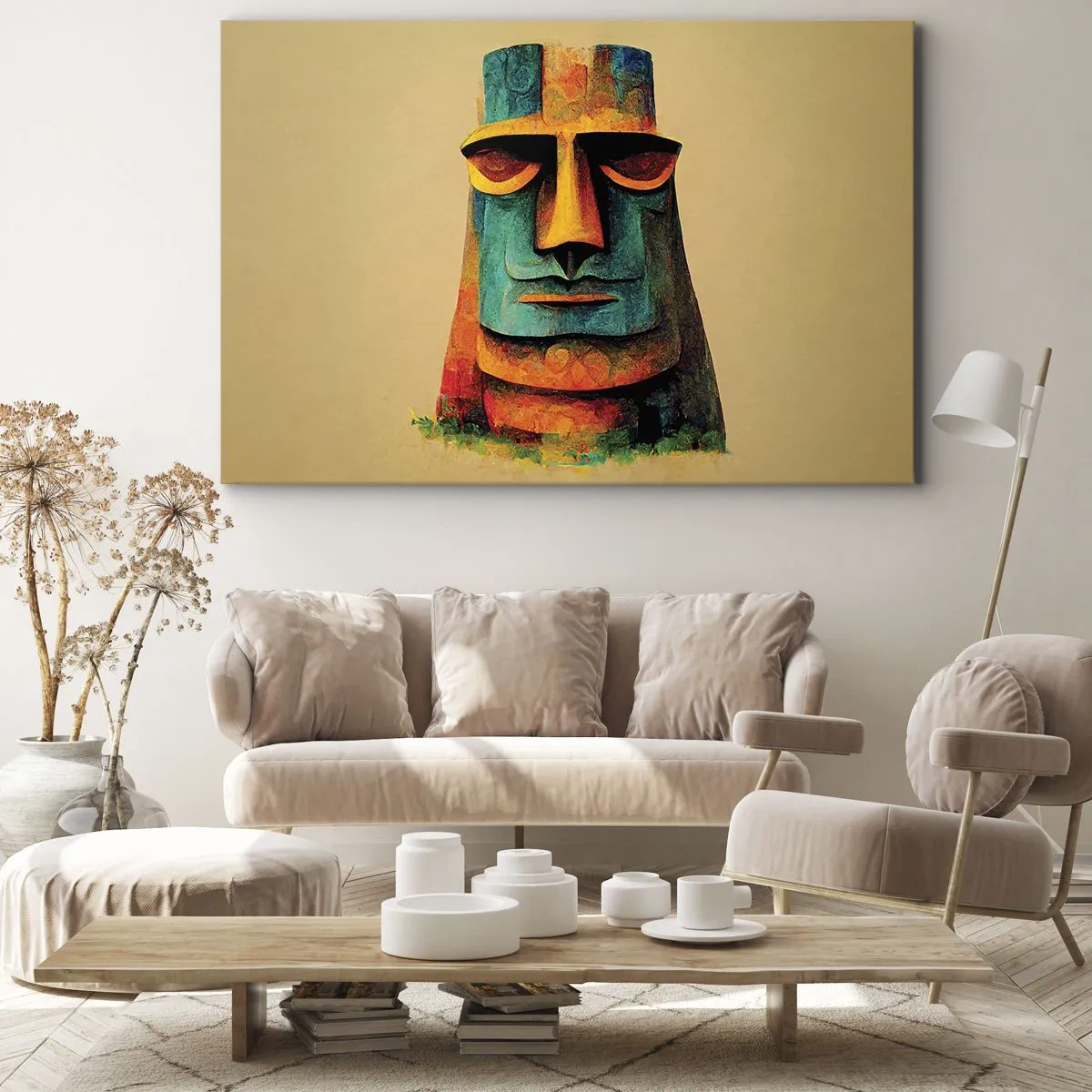 Impression sur toile - Image sur toile - Statue colorée de l'île de Pâques - 70x50cm - Statuesque et sympathique - Décoration murale moderne pour le salon et la chambre ARTTOR