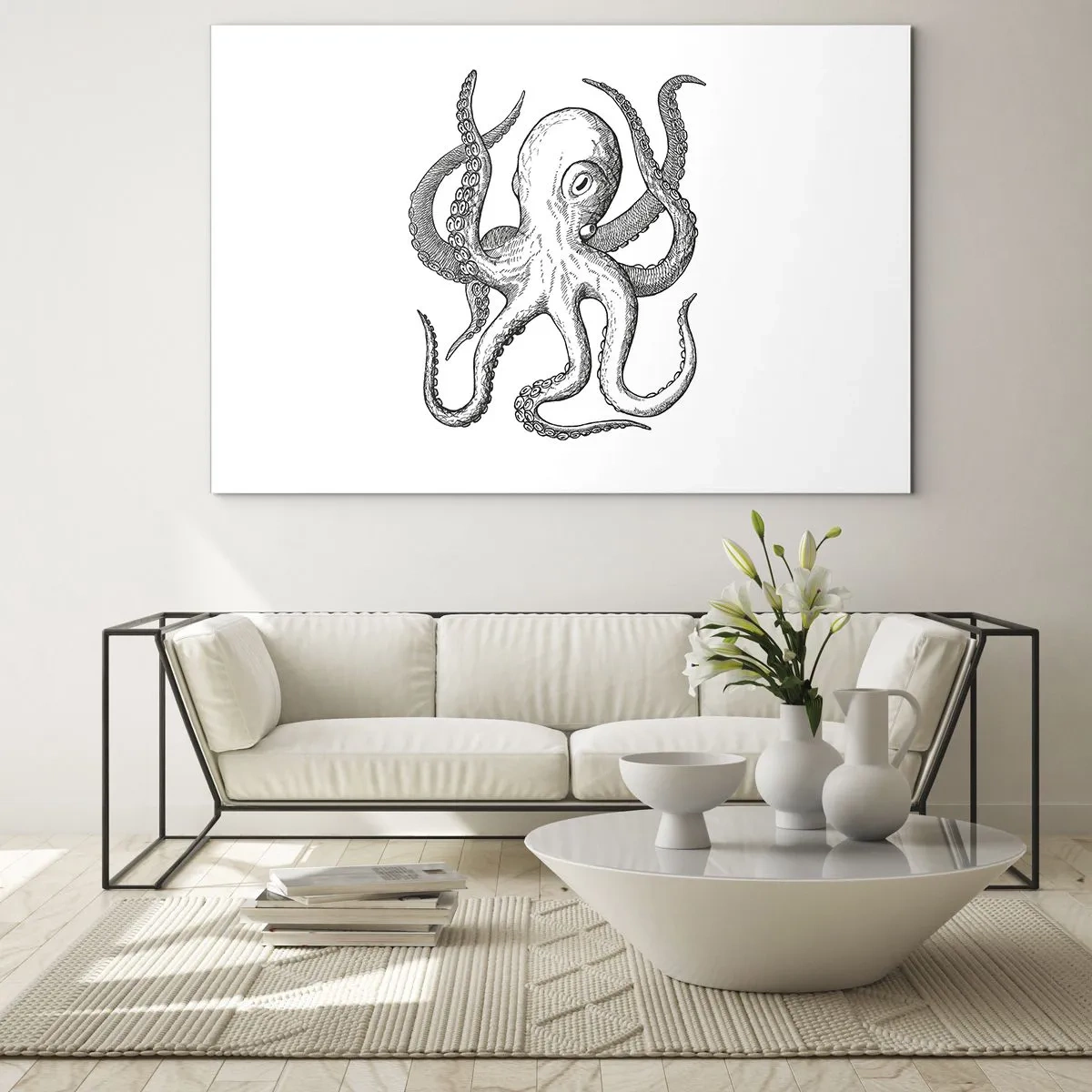 Impression sur verre - Image sur verre - Dessin noir et blanc d'une pieuvre sur fond blanc - 70x50cm - Dansant avec les vagues - Décoration murale moderne pour le salon et la chambre ARTTOR