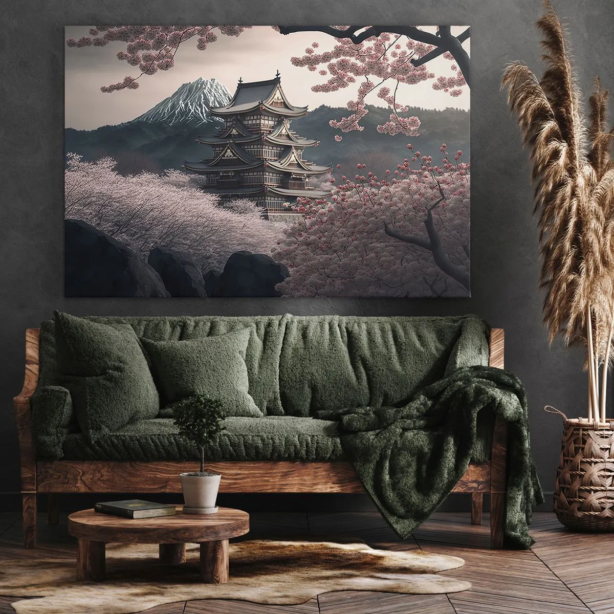 Impression sur toile - Image sur toile - Un temple japonais entouré de cerisiers en fleurs et de montagnes - 70x50cm - Le pays des cerisiers en fleurs - Décoration murale moderne pour le salon et la chambre ARTTOR