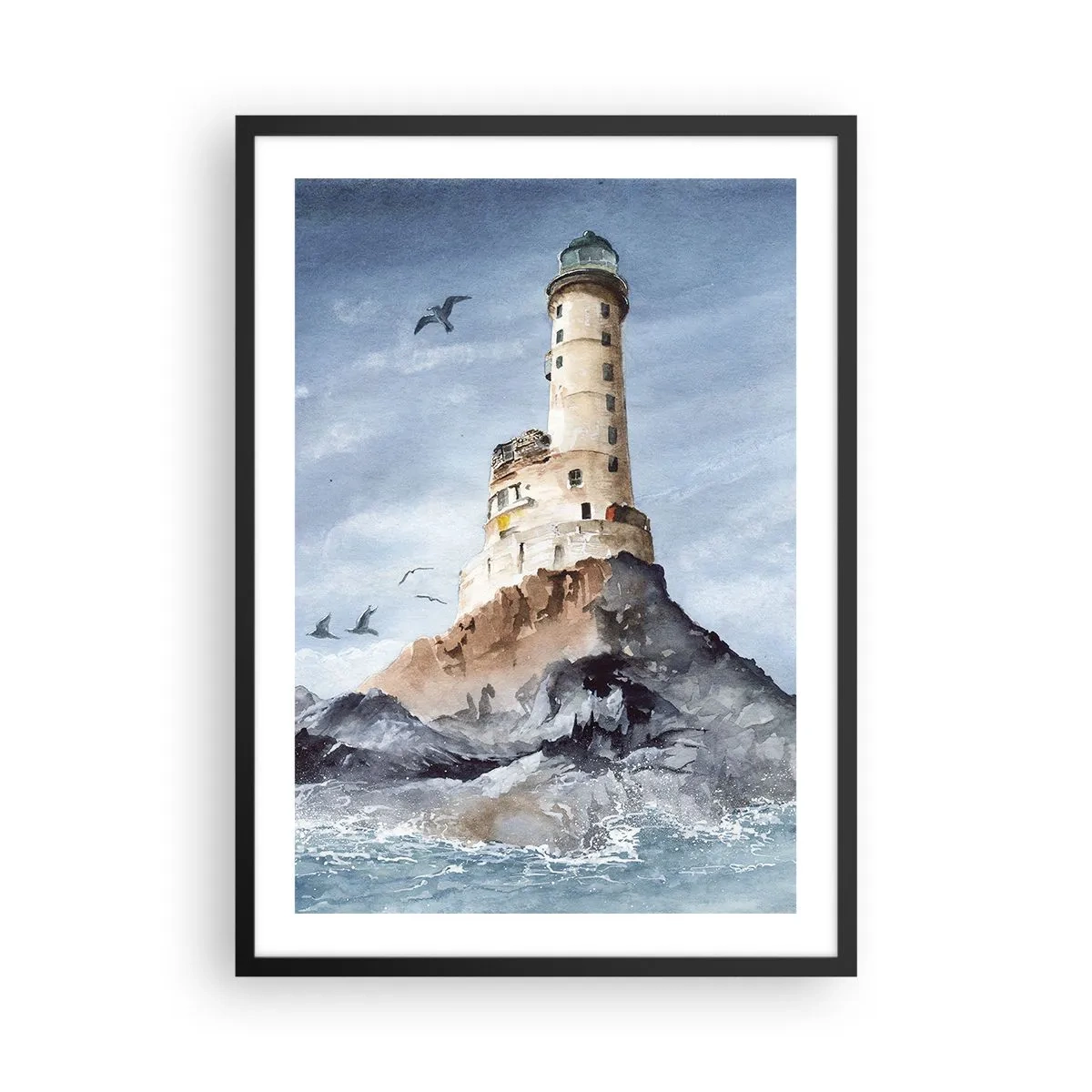 Affiche dans un cadre noir - Poster - Une aquarelle représentant un phare sur une côte rocheuse - 50x70cm - Invincible - Décoration murale moderne pour le salon et la chambre ARTTOR