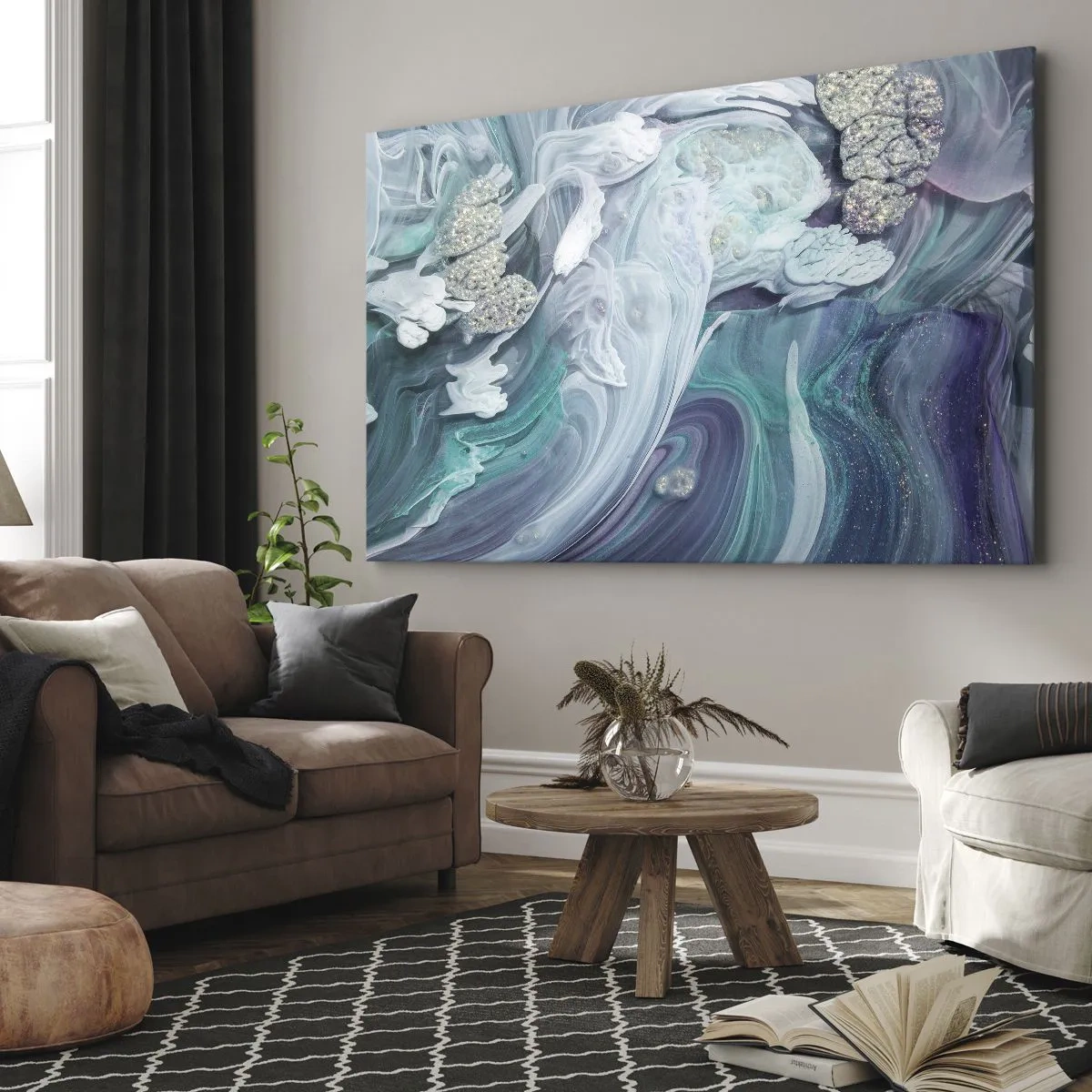 Impression sur toile - Image sur toile - Tourbillons abstraits dans des tons de bleu et de blanc - 70x50cm - Courants bleus - Décoration murale moderne pour le salon et la chambre ARTTOR