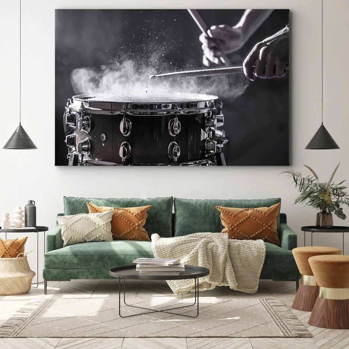 Impression sur toile - Image sur toile - Frapper la caisse claire avec des baguettes avec un effet de poussière - 70x50cm - Tempo de la musique - Décoration murale moderne pour le salon et la chambre ARTTOR