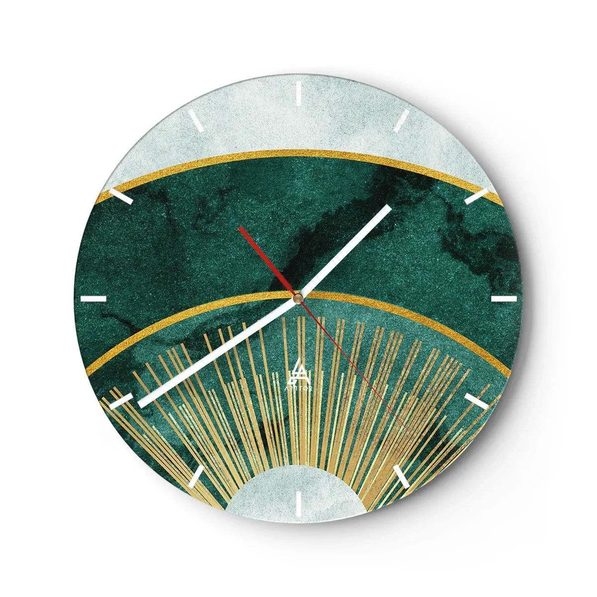 Horloge murale - Pendule murale - Graphiques verts et dorés avec des rayons rappelant un lever de soleil - 30x30cm - Un autre système solaire - Décoration murale moderne pour le salon, la cuisine et la chambre ARTTOR