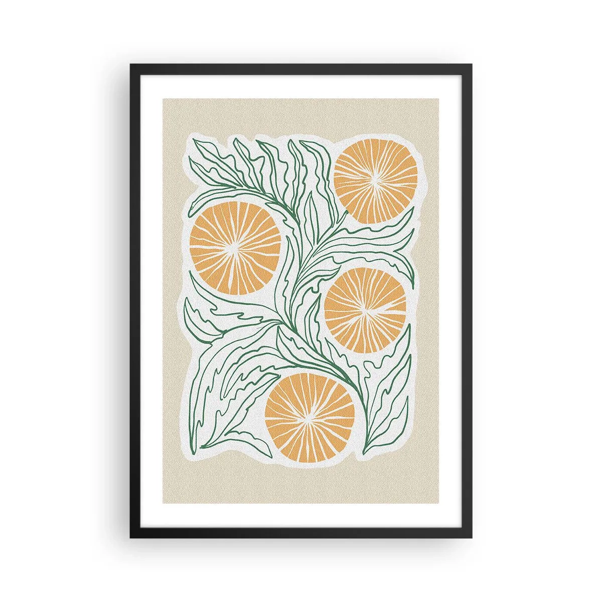 Affiche dans un cadre noir - Poster - Composition abstraite de feuilles et d'oranges sur fond beige - 50x70cm - Ethnique avec une pointe d'abstraction - Décoration murale moderne pour le salon et la chambre ARTTOR
