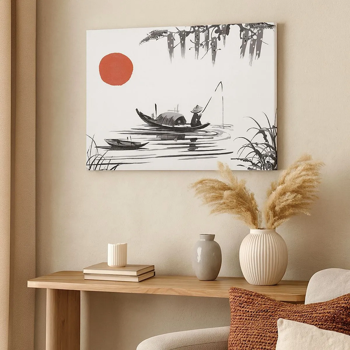 Impression sur toile - Image sur toile - Paysage oriental avec un pêcheur sur un bateau et un soleil rouge - 70x50cm - Après-midi asiatique - Décoration murale moderne pour le salon et la chambre ARTTOR