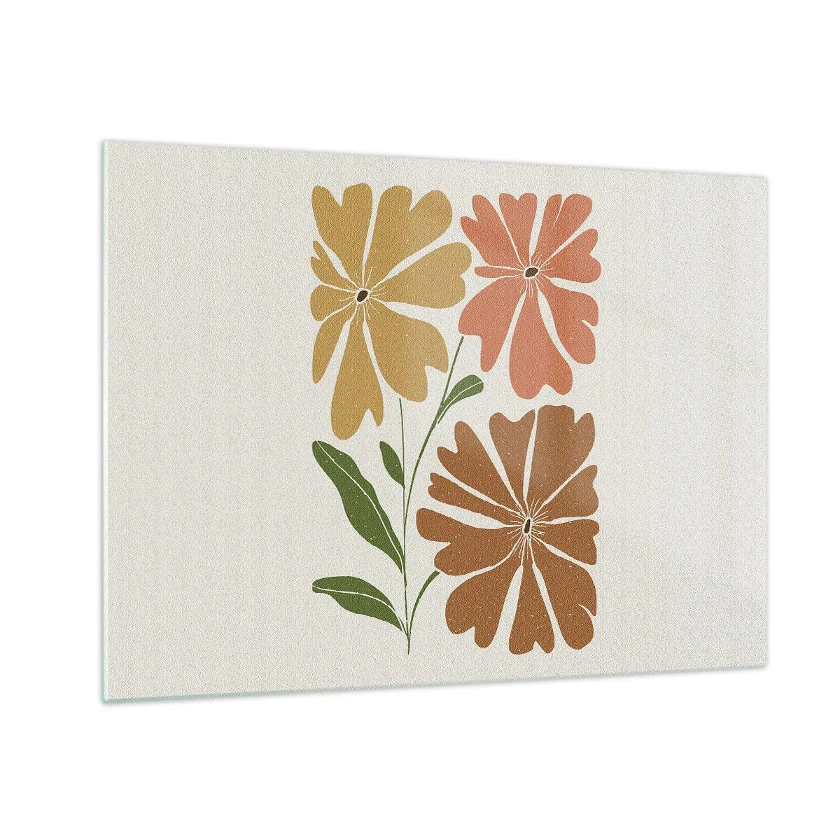 Impression sur verre - Image sur verre - Trois fleurs stylisées aux couleurs chaudes sur fond clair - 70x50cm - Nature et géométrie - Décoration murale moderne pour le salon et la chambre ARTTOR
