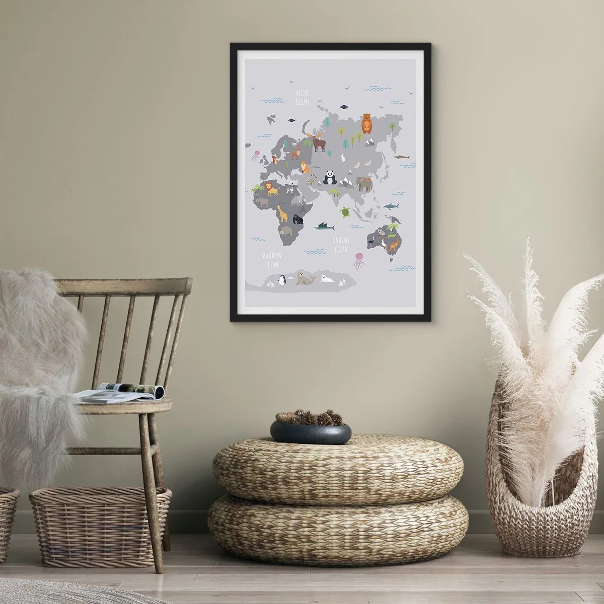 Affiche dans un cadre noir - Poster - Carte du monde avec des animaux colorés pour les enfants - 50x70cm - Dis-moi d'où tu viens... - Décoration murale moderne pour le salon et la chambre ARTTOR