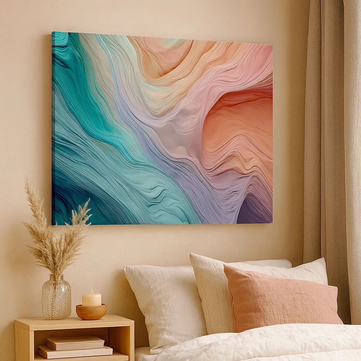 Impression sur toile - Image sur toile - Vagues abstraites aux couleurs pastel et arc-en-ciel - 70x50cm - Vague arc-en-ciel - Décoration murale moderne pour le salon et la chambre ARTTOR