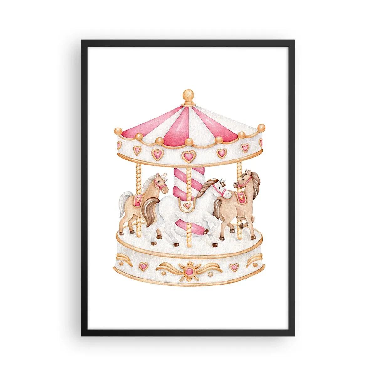 Affiche dans un cadre noir - Poster - Carrousel aquarelle dans des tons pastel de rose - 50x70cm - Le doux monde de l'enfance - Décoration murale moderne pour le salon et la chambre ARTTOR