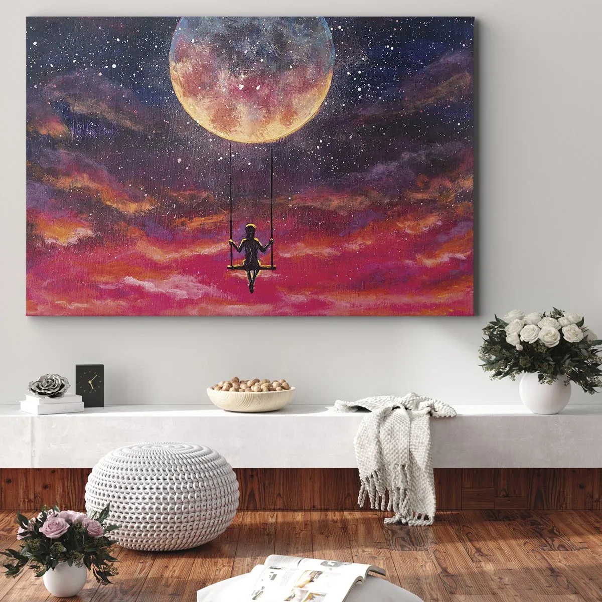 Impression sur toile - Image sur toile - Une silhouette sur une balançoire suspendue contre la lune - 70x50cm - Se balancer dans les nuages - Décoration murale moderne pour le salon et la chambre ARTTOR