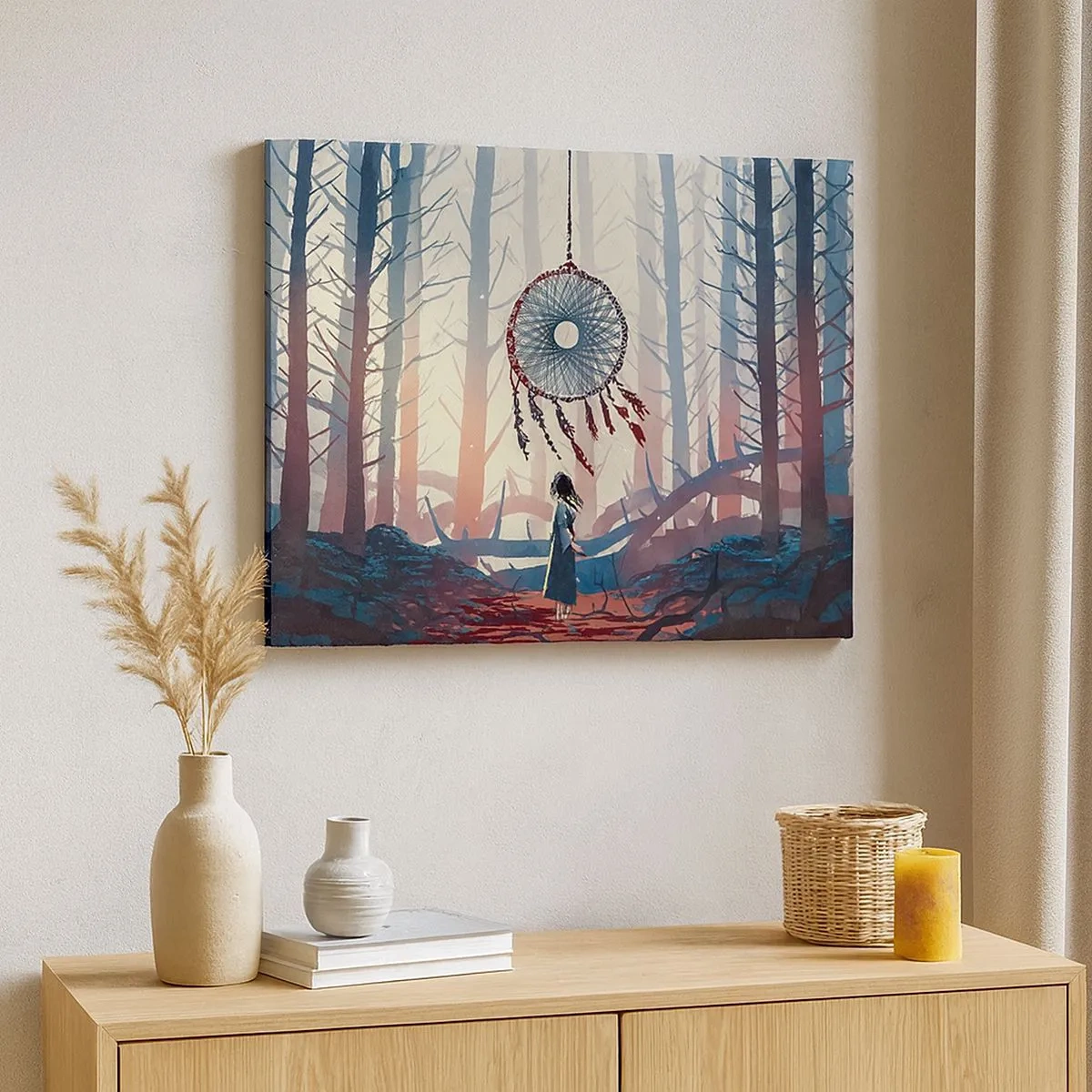 Impression sur toile - Image sur toile - Scène de forêt avec un attrape-rêves géant - 70x50cm - Rituel secret du bonheur - Décoration murale moderne pour le salon et la chambre ARTTOR