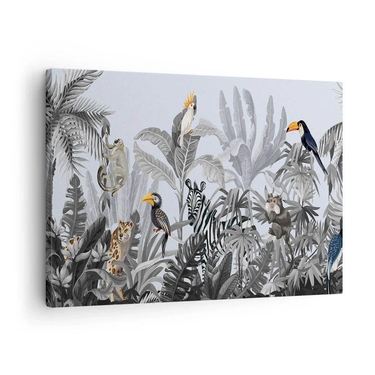 Impression sur toile - Image sur toile - Jungle tropicale avec des animaux exotiques sur fond gris - 70x50cm - Conte de fées africain - Décoration murale moderne pour le salon et la chambre ARTTOR