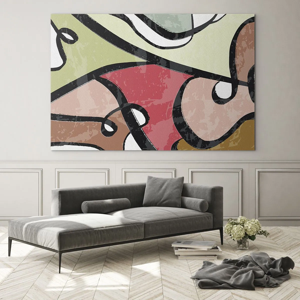 Impression sur verre - Image sur verre - Abstraction colorée avec des lignes noires - 70x50cm - Pirouettes parmi les couleurs - Décoration murale moderne pour le salon et la chambre ARTTOR