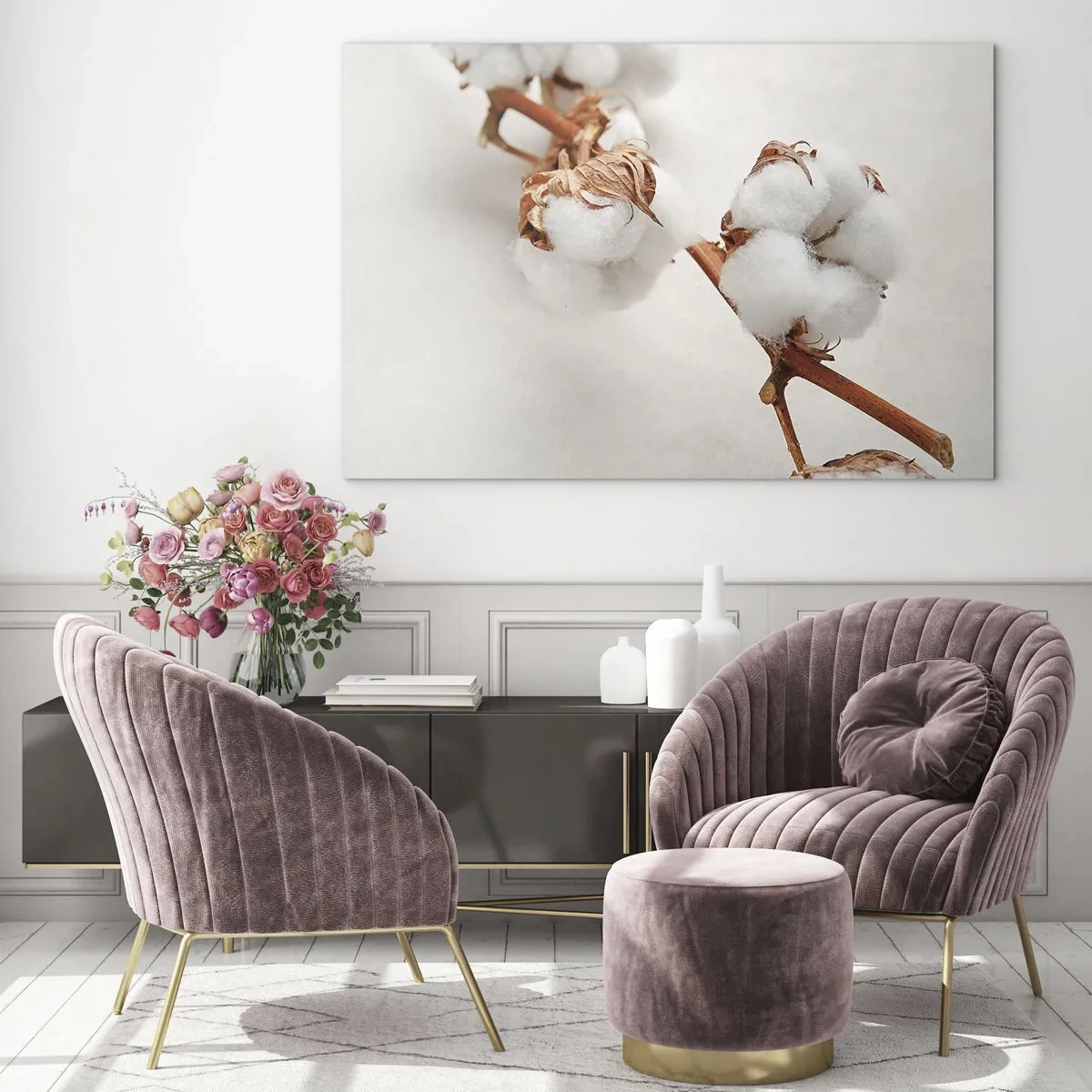 Impression sur verre - Image sur verre - Gros plan d'une branche de coton sur un fond clair - 70x50cm - Seulement caliner - Décoration murale moderne pour le salon et la chambre ARTTOR