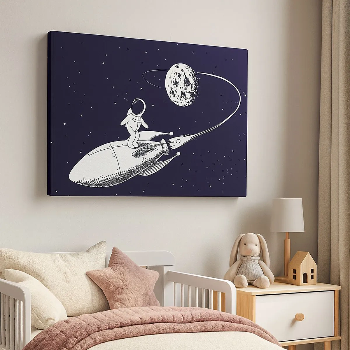 Impression sur toile - Image sur toile - Astronaute sur une fusée dans l'espace - 70x50cm - Surfeur de l'espace - Décoration murale moderne pour le salon et la chambre ARTTOR