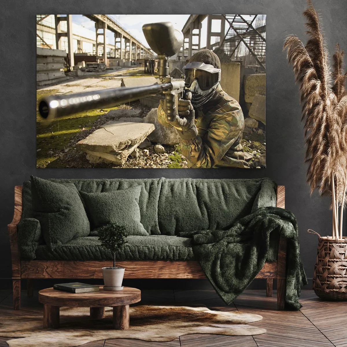 Impression sur toile - Image sur toile - Un joueur de paintball en tenue de camouflage visant un marqueur - 70x50cm - Et vous pouvez devenir un héros - Décoration murale moderne pour le salon et la chambre ARTTOR