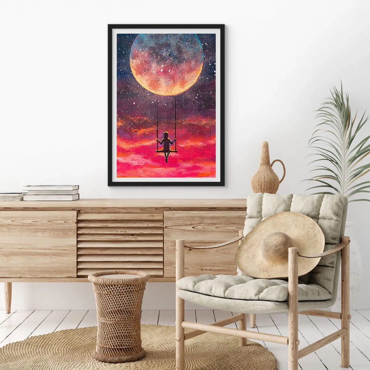 Affiche dans un cadre noir - Poster - Fille sur une balançoire sous la pleine lune - 50x70cm - Se balancer dans les nuages - Décoration murale moderne pour le salon et la chambre ARTTOR