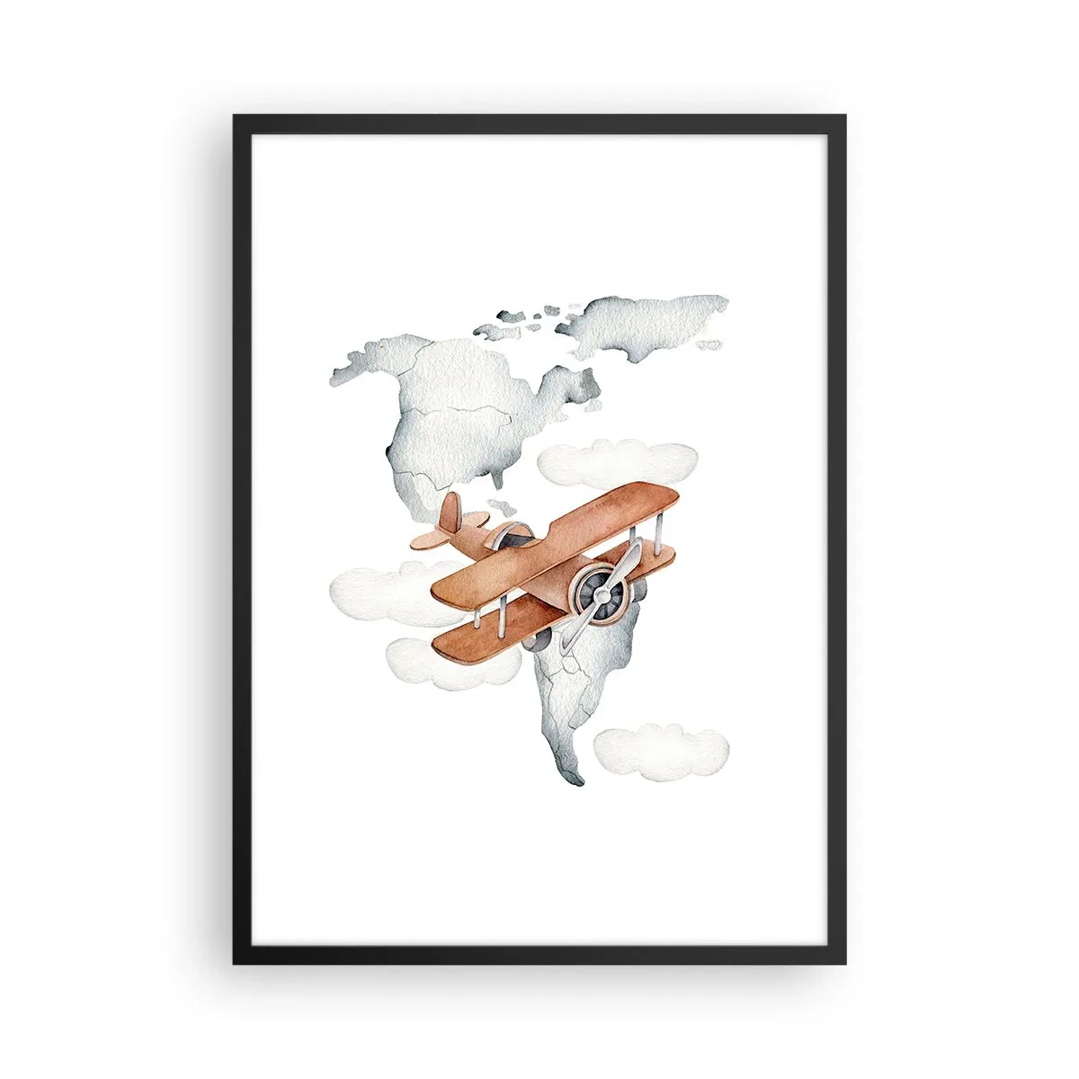 Affiche dans un cadre noir - Poster - Un biplan au-dessus d'une carte du monde dans les nuages - 50x70cm - Dans un esprit pionnier - Décoration murale moderne pour le salon et la chambre ARTTOR