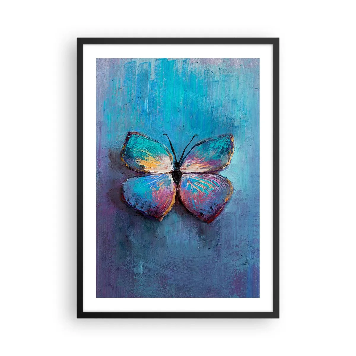 Affiche dans un cadre noir - Poster - Un papillon aux couleurs intenses sur fond bleu - 50x70cm - Dans toute sa splendeur - Décoration murale moderne pour le salon et la chambre ARTTOR