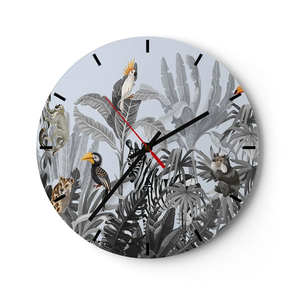 Horloge murale - Pendule murale - Plantes tropicales avec des animaux exotiques sur fond de jungle - 30x30cm - Conte de fées africain - Décoration murale moderne pour le salon, la cuisine et la chambre ARTTOR