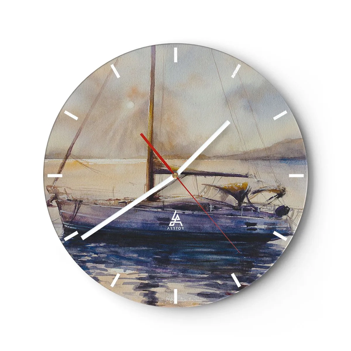 Horloge murale - Pendule murale - Un yacht sur l'eau au coucher du soleil dans un style aquarelle - 30x30cm - Soirée sur la baie - Décoration murale moderne pour le salon, la cuisine et la chambre ARTTOR