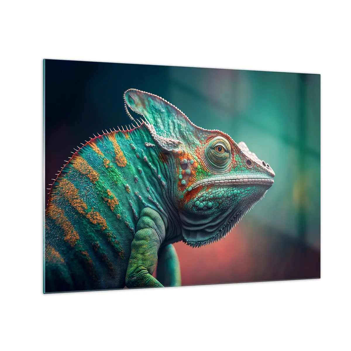 Impression sur verre - Image sur verre - Un caméléon coloré sur un fond flou dans une lumière intense. - 70x50cm - Vous me voyez? Pas bien… - Décoration murale moderne pour le salon et la chambre ARTTOR