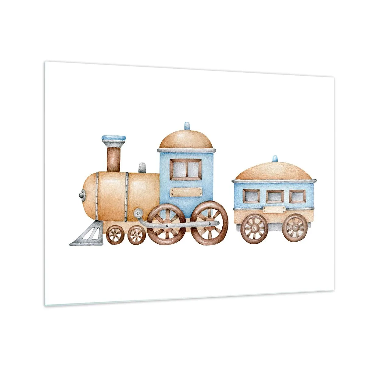 Impression sur verre - Image sur verre - Illustration d'un train à vapeur dans les tons bleu et beige sur fond blanc - 70x50cm - Il est à la gare... - Décoration murale moderne pour le salon et la chambre ARTTOR