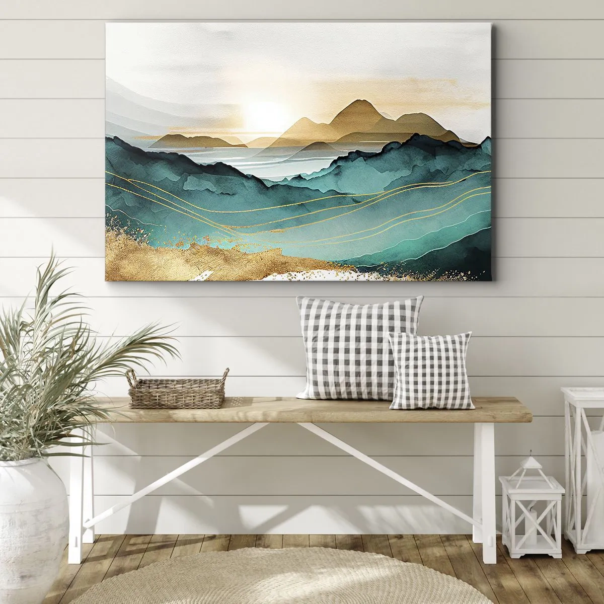 Impression sur toile - Image sur toile - Paysage abstrait avec des montagnes et des accents dorés - 70x50cm - Au frontière de l’abstraction – paysage - Décoration murale moderne pour le salon et la chambre ARTTOR