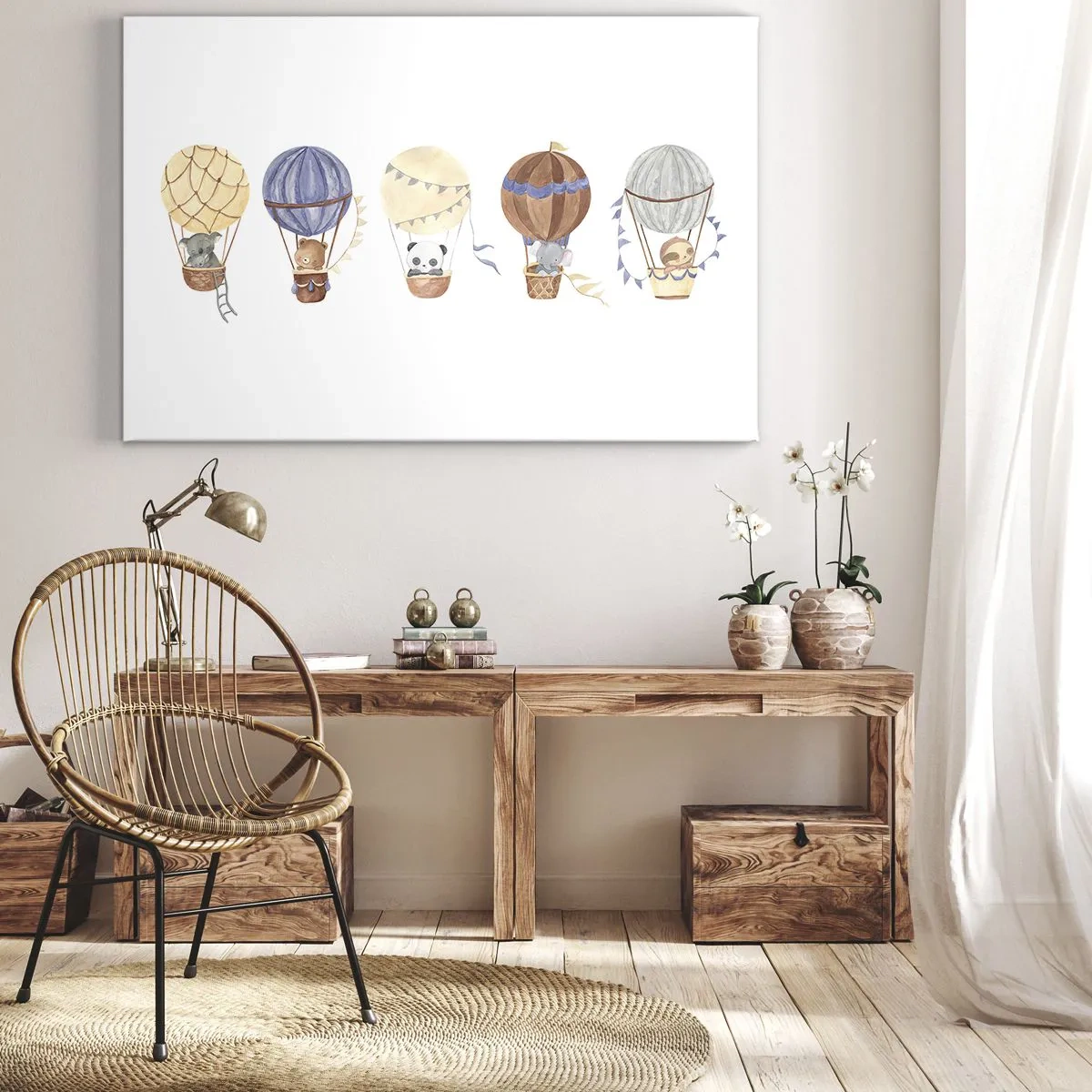 Impression sur toile - Image sur toile - Animaux mignons dans des ballons sur fond blanc - 70x50cm - Compagnons de voyage - Décoration murale moderne pour le salon et la chambre ARTTOR