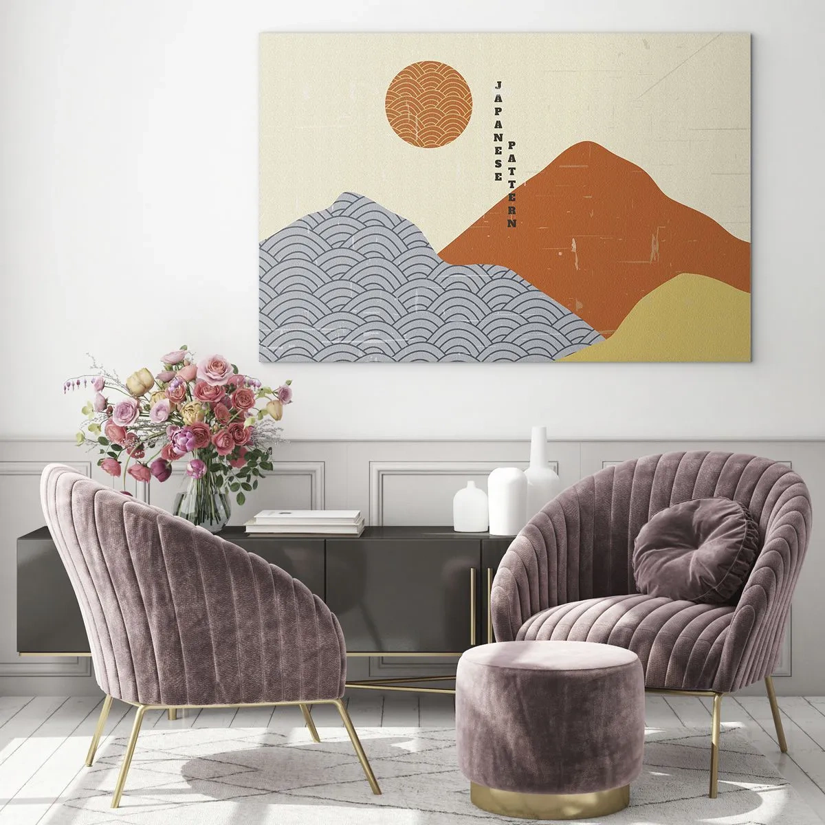 Impression sur verre - Image sur verre - Graphiques avec des motifs de montagnes et de soleil japonais - 70x50cm - Dans l'esprit japonais - Décoration murale moderne pour le salon et la chambre ARTTOR