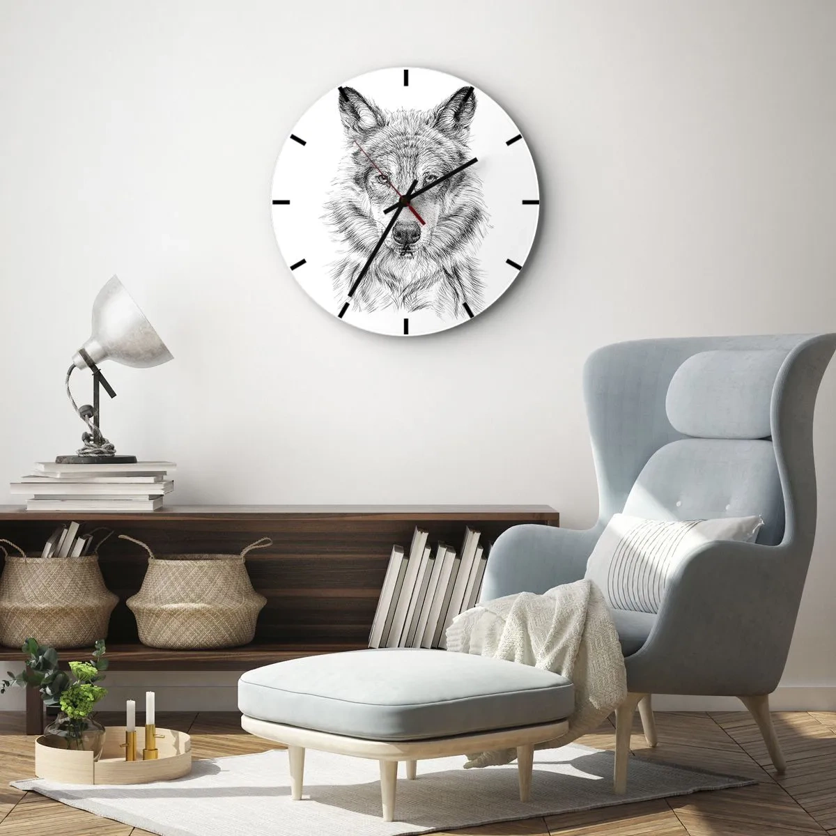 Horloge murale - Pendule murale - Croquis noir et blanc d'une tête de loup sur fond blanc - 30x30cm - Un leader né - Décoration murale moderne pour le salon, la cuisine et la chambre ARTTOR