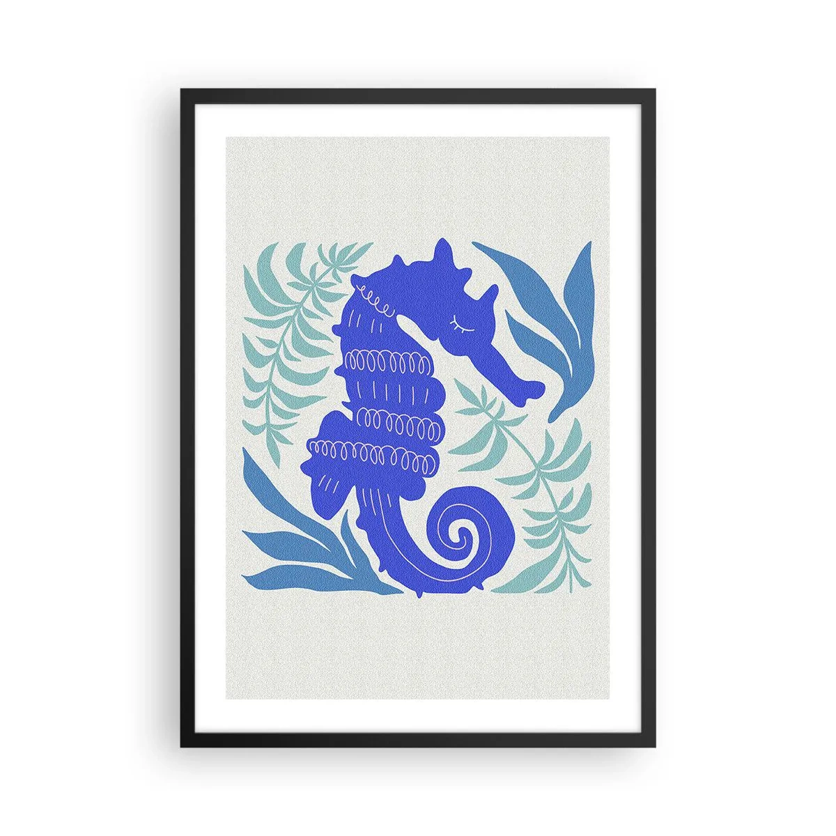 Affiche dans un cadre noir - Poster - Un hippocampe stylisé entouré de végétation. - 50x70cm - Dans une prairie sous-marine - Décoration murale moderne pour le salon et la chambre ARTTOR
