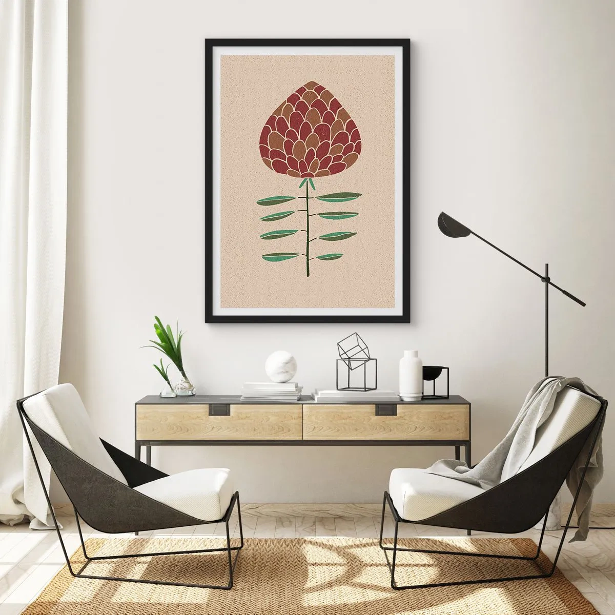 Affiche dans un cadre noir - Poster - Fleur abstraite aux couleurs chaudes sur fond beige - 50x70cm - Quelle grosse affaire - Décoration murale moderne pour le salon et la chambre ARTTOR