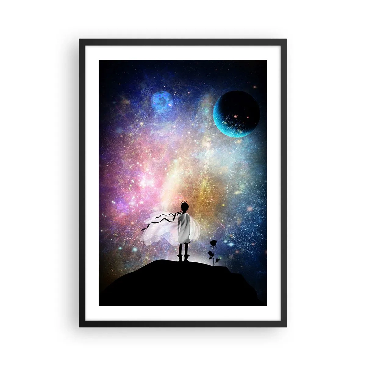 Affiche dans un cadre noir - Poster - Une scène spatiale fantastique avec la silhouette d'un personnage et une rose - 50x70cm - Le Petit Prince - Décoration murale moderne pour le salon et la chambre ARTTOR