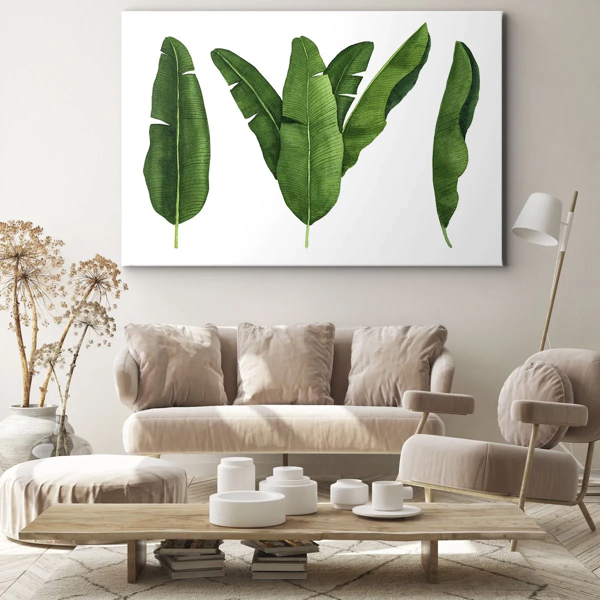 Impression sur toile - Image sur toile - Trois feuilles de bananier dans une approche artistique - 70x50cm - Symétrie verte - Décoration murale moderne pour le salon et la chambre ARTTOR