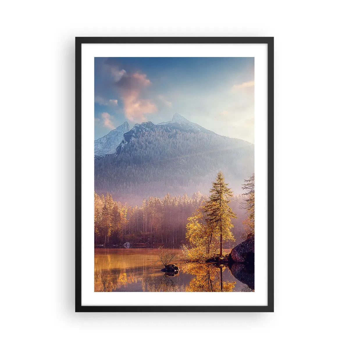 Affiche dans un cadre noir - Poster - Paysage de montagne d'automne avec reflet dans le lac - 50x70cm - Dans les montagnes et les vallées - Décoration murale moderne pour le salon et la chambre ARTTOR