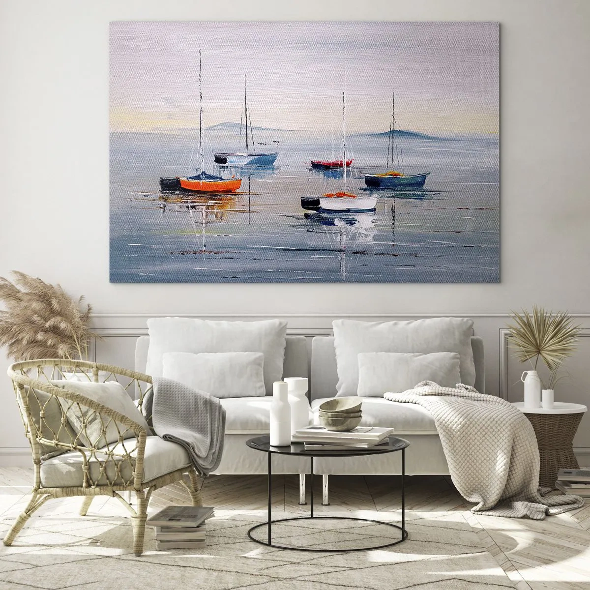 Impression sur verre - Image sur verre - Bateaux colorés dérivant sur l'eau calme au coucher du soleil - 70x50cm - Un repos bien mérité - Décoration murale moderne pour le salon et la chambre ARTTOR