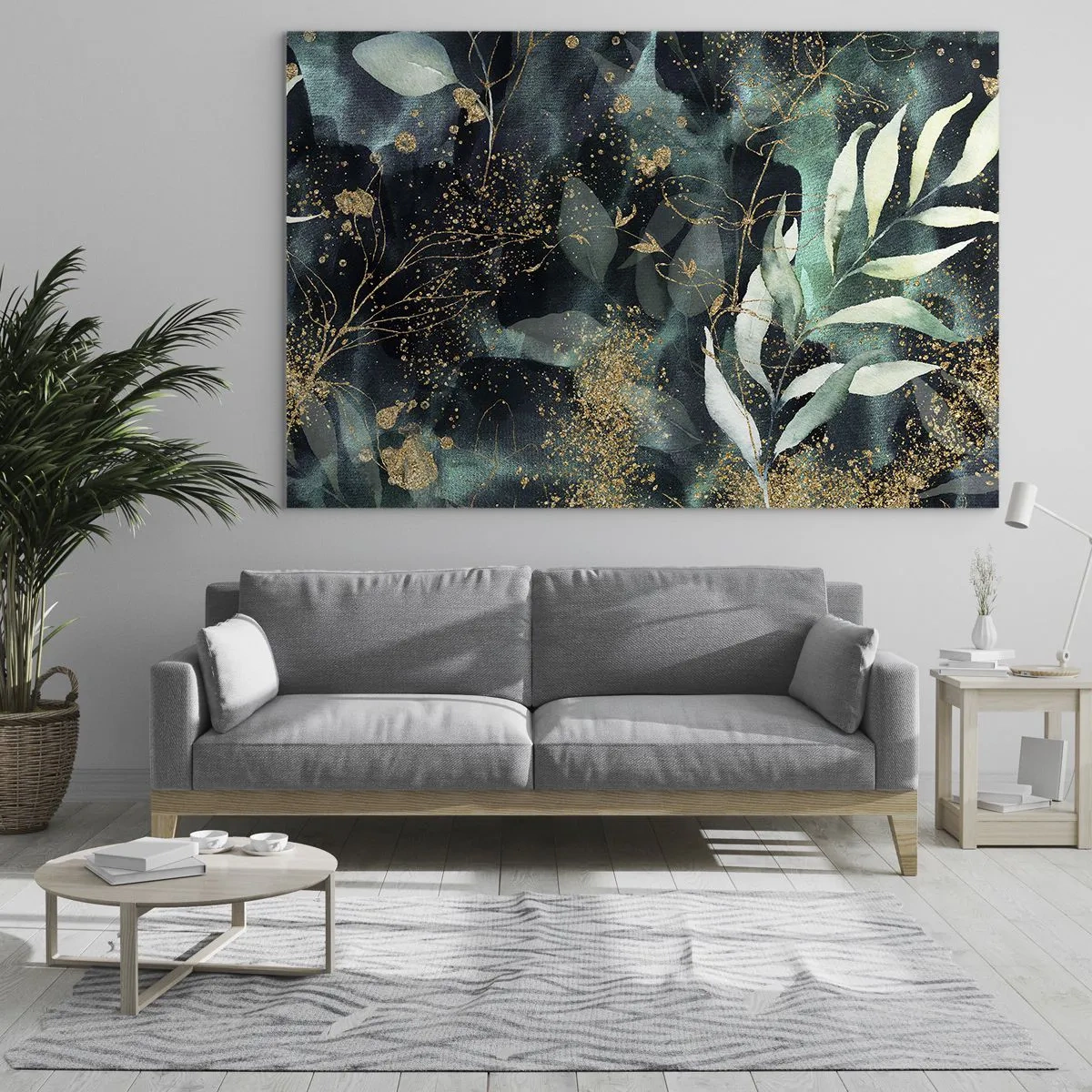 Impression sur verre - Image sur verre - Feuilles dorées et vertes sur fond sombre - 70x50cm - Jardin magique - Décoration murale moderne pour le salon et la chambre ARTTOR